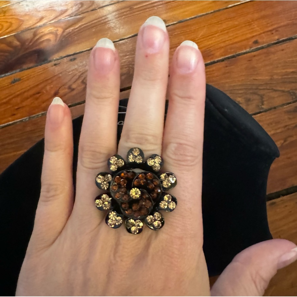 Multicolored Flower Crystal Rhinestones Black Stretch Ring NWT